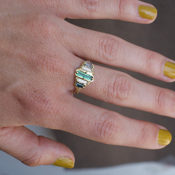 Emerald, Diamond, Tourmaline and Aquamarine Ring