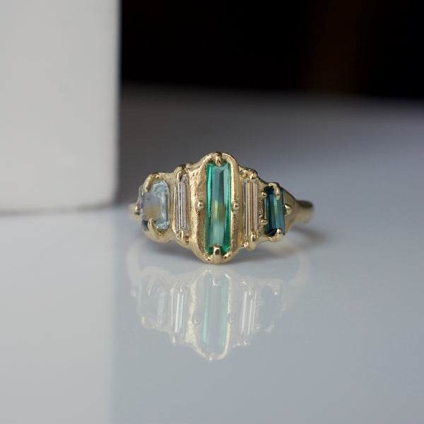 Emerald, Diamond, Tourmaline and Aquamarine Ring