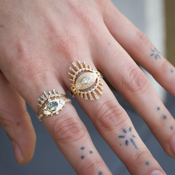 Large Sun Eye Marquise Diamond & Diamond Beams Ring